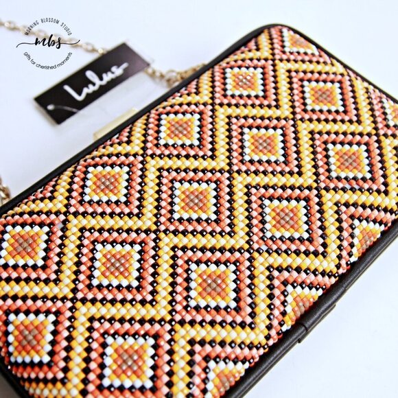 NWT Lulu\'s Beaded Hard Case Clutch Multicolor Orange with Removable Golden Chain